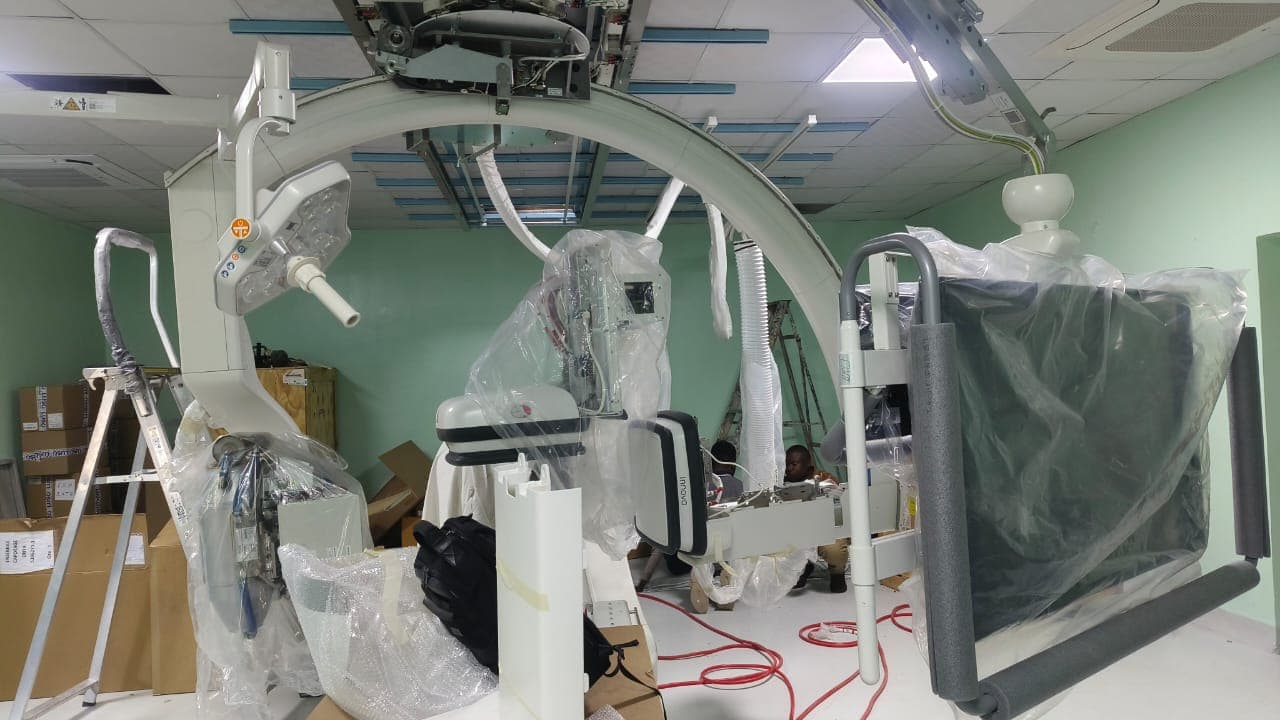 GE interventional cath lab equipment installation, Mbeya Tanzania GE Healthcare interventional cath lab equipment being installed at the Mbeya cardiology center, Tanzania